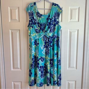 Ruby Rd. Dress Women's Plus Size 2X Sleeveless Blue Yellow Tropical Print